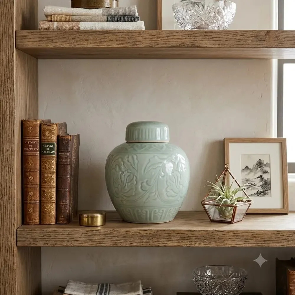 Vintage Chinese Celadon Ginger Jar Chinoiserie Pale Green Ceramic Urn Vase 6